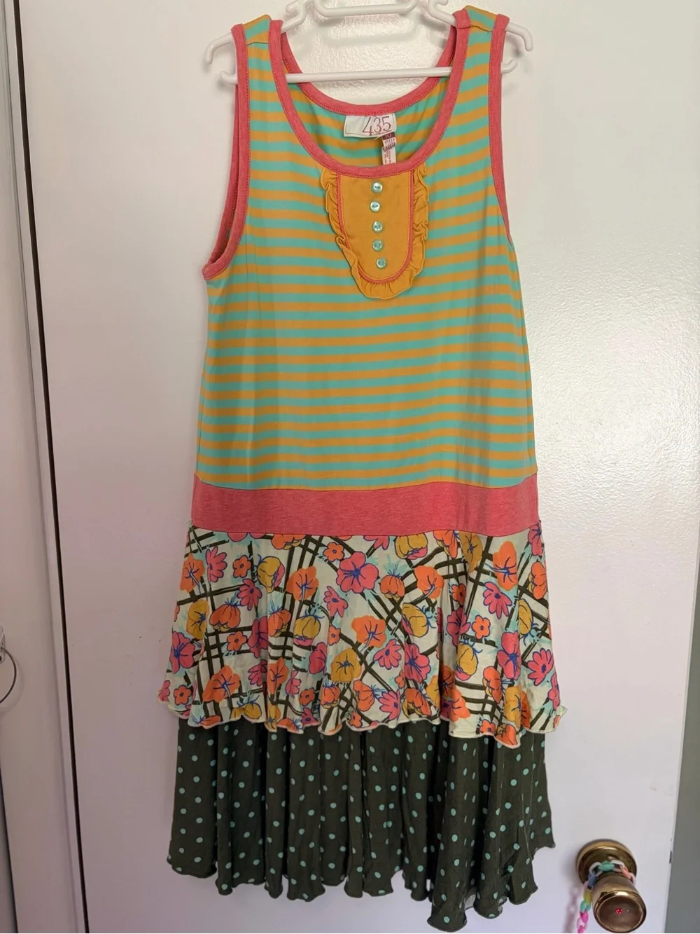 Matilda Jane Coral Trim Striped Tank Dress with Turquoise, Yellow & Olive Panels